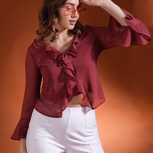 globus women maroon ruffles tie-up neck bell sleeves georgette party top