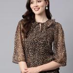 women brown regular fit animal print top with ruffle neck