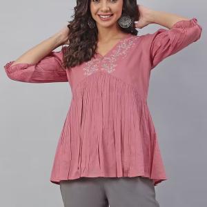 women embroidered v neck a-line top