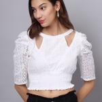 women white regular fit lace detailed puff sleeves crop top