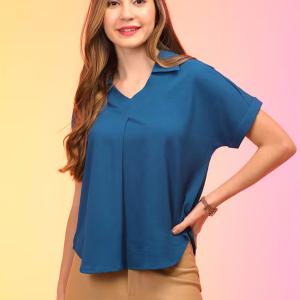 women's teal shirt collar v-neck extend sleeves regular top