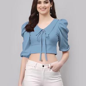 women light blue puff sleeves crop top