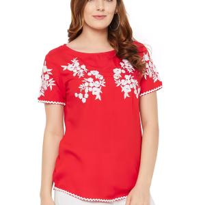 women red embroidered regular fit boat neck top