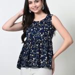 women navy blue polyester flared top