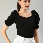 black solid puff sleeves regular top