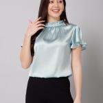 women solid green satin neck detailed top