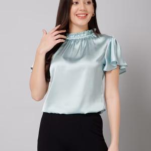 women solid green satin neck detailed top