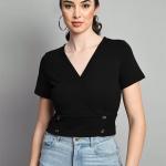 black solid overlap neck crop top