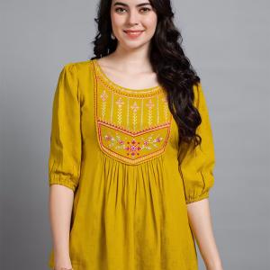 women mustard regular fit a-line top