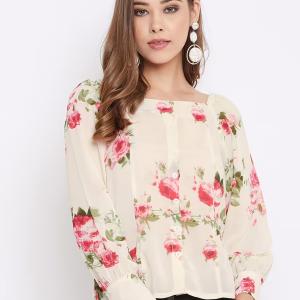 women's beige regular fit floral printed square neck top