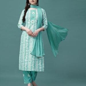 Women Printed Straight Kurta with Pants & Dupatta Set