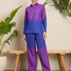 Women Ombre-Dyed Linen Shirt & Trousers Co-Ord Set