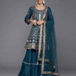 Women Embroidered Anarkali Kurta with Sharara & Dupatta 