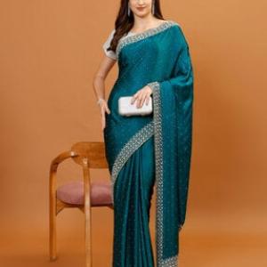 Teal Embellished Chinon Saree