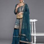 Women Embroidered Anarkali Kurta with Sharara & Dupatta 