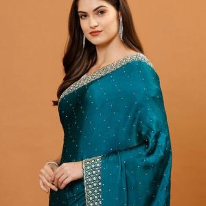 Teal Embellished Chinon Saree