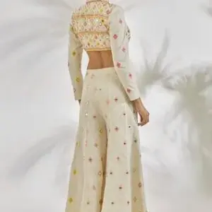 Bhumika Vaid - Women Ivory Organic Cotton Embroidery Thread Inaya Crop Jacket With Pant| Kanika's| Sangeet