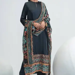 Eesha Mahajan - Women Black Satin Organza Embroidered Floral Motifs Round Zainab Kurta Set| Kanika's| Sangeet