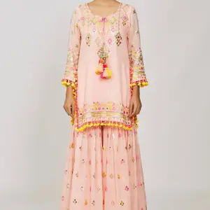 Bhumika Vaid - Women Pink Kurta Viscose Embroidered Thread Round Neck Mirror Sharara Set| Kanika's| Sangeet,Wedding