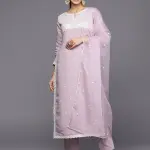 Libas Women Lavender Floral Yoke Design Thread Work Kurta with Trousers & With Dupatta(M) by SANKAN