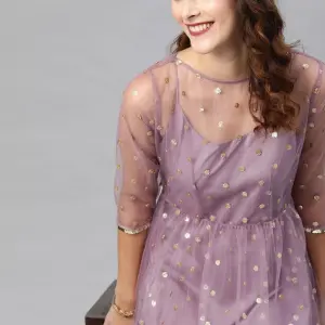 Inddus Lavender Sequined Embellished Net Semi-Sheer Fit and Flare Dress (XXL) by SANKAN