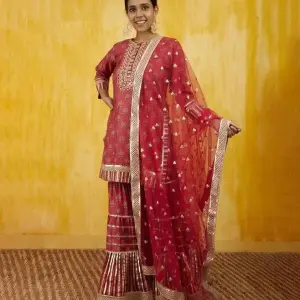 Bhumika Vaid Marigold Buti Sharara Set - Red