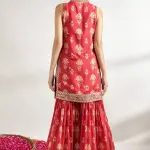 Bhumika Vaid - Women Red Kurta And Sharara Cotton Silk Printed Floral Jaal V Neck Set| Kanika's| Sangeet