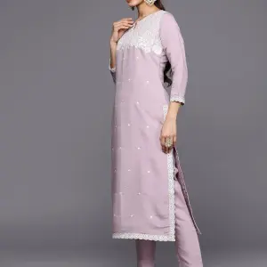 Libas Women Lavender Floral Yoke Design Thread Work Kurta with Trousers & With Dupatta(M) by SANKAN