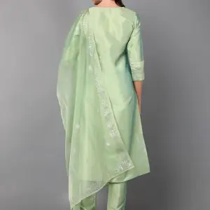 Anouk Green Ethnic Motifs Embroidered Sequinned Straight Kurta with Trousers & Dupatta (XL) by SANKAN