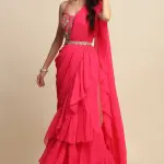 Buy Aastha Jain Embroidered Ruffle Saree Set For Women Available online at Scrollnshops 6XL / Pink