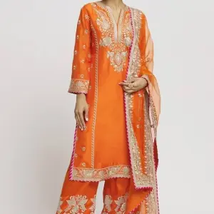 Bhumika Vaid - Women Orange Kurta And Palazzo - Tussar Embroidered Floral Amaya Set| Kanika's| Puja