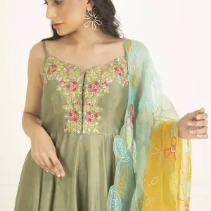 Buy Aastha Jain Chanderi Embroidered Anarkali Set For Women Available online at ScrollnShops Green / 4XL