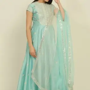 Aastha Jain - Women Blue Chanderi Embroidery Dori Round Anarkali Palazzo Set| Kanika's| Sangeet