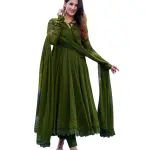 Estela Women Olive Green Solid Lace Work Anarkali Kurta Pant And Dupatta Set