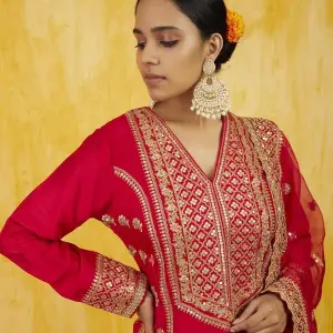 Bhumika Vaid Marigold Brocade Tunic Set - Red