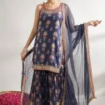 Bhumika Vaid - Women Blue Kurta And Sharara Cotton Silk Printed Floral Round Strappy Set| Kanika's| Sangeet