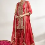 Bhumika Vaid - Women Red Kurta And Sharara Cotton Silk Printed Floral Jaal V Neck Set| Kanika's| Sangeet