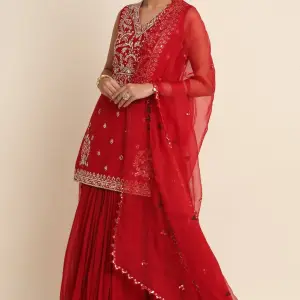 Buy Aastha Jain Embroidered Kurta & Skirt Set For Women Available online at Scrollnshops XS / Red