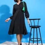 Tokyo Talkies Black V-Neck Fit & Flare Dress(M) by SANKAN