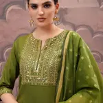 Vishudh Olive Green Ethnic Motifs Embroidered Sequinned Kurta with Palazzo & Dupatta (M) by SANKAN