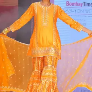 Bhumika Vaid - Women Orange Kurta And Sharara Tussar Silk Embroidery Leaf Round Shazma Set| Kanika's| Sangeet