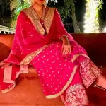 Bhumika Vaid - Women Pink Kurta Chanderi Silk Embroidered Lotus Motifs V Neck Meera Palazzo Set| Kanika's| Mehendi and Haldi,Wedding