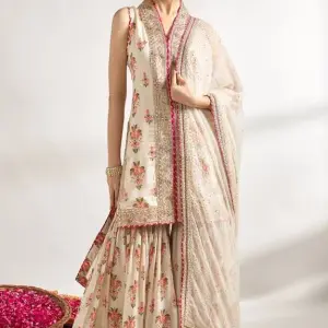 Bhumika Vaid - Women Ivory Kurta And Sharara Cotton Silk Printed Flower Jaal V Neck Set| Kanika's| Sangeet