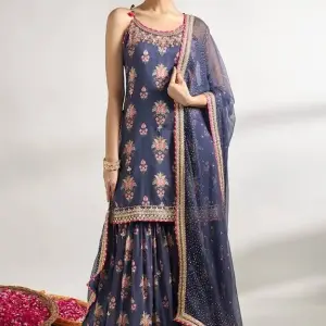 Bhumika Vaid - Women Blue Kurta And Sharara Cotton Silk Printed Floral Round Strappy Set| Kanika's| Sangeet