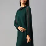 Cottinfab Green Sequin Embellish Neck Georgette A-Line Dress (M) by SANKAN