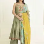 Aastha JAIN Floral Embroidered Sleeveless Pure Cotton Kurta & Palazzo & Dupatta (S) by SANKAN