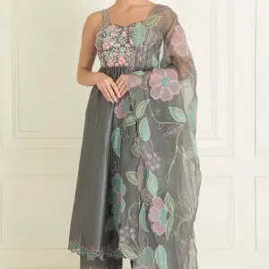 Buy Aastha Jain Floral Embroidered Anarkali Set For Women Available online at ScrollnShops Grey / 6XL