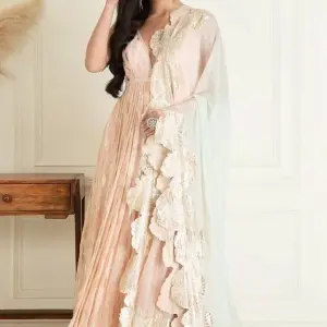 Aastha Jain - Women Peach Lurex Georgette Embroidery Sequin Plunge V Neck Anarkali Set| Kanika's| Reception