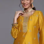 Libas Yellow Embellished Silk Straight Kurta