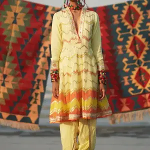 Bhumika Vaid - Women Yellow Organza And Cotton Print and Naima Kurta and Dhoti Pant Set| Kanika's| Destination Wedding